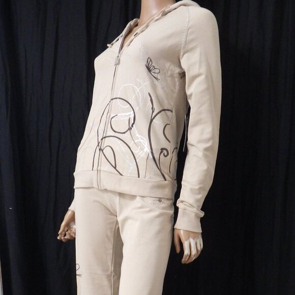 NWT BCBG sz SM LG XL 95% cotton BEIGE & BROWN STUDDED 2 PIECE TRACKSUIT - Picture 10 of 14
